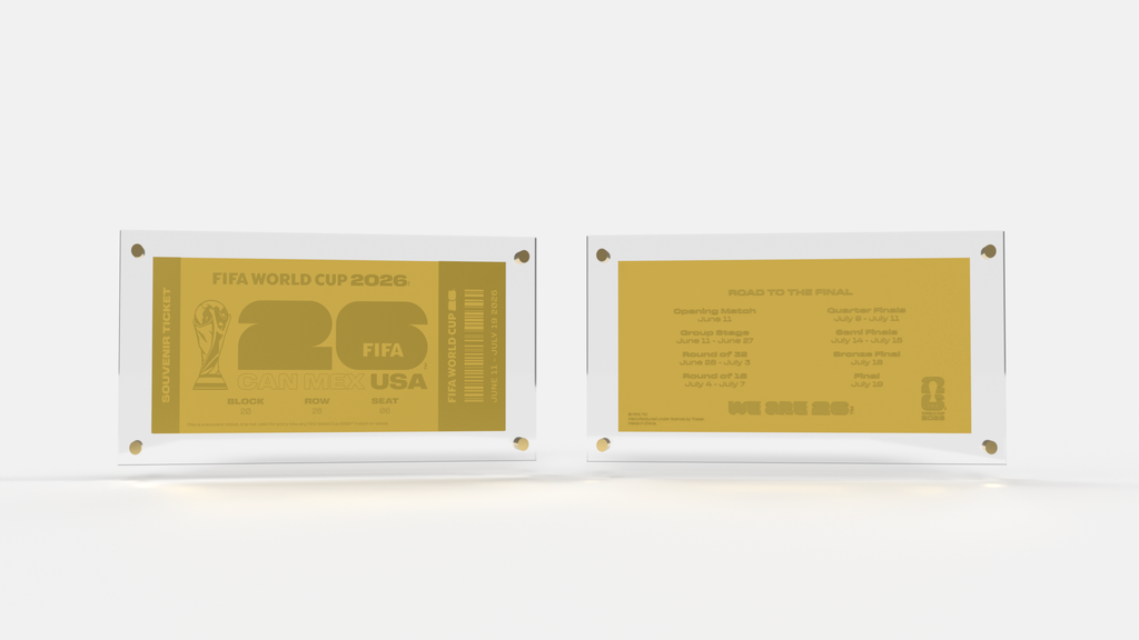 2026 FIFA World Cup USA gold metal ticket – alternate view in landscape acrylic